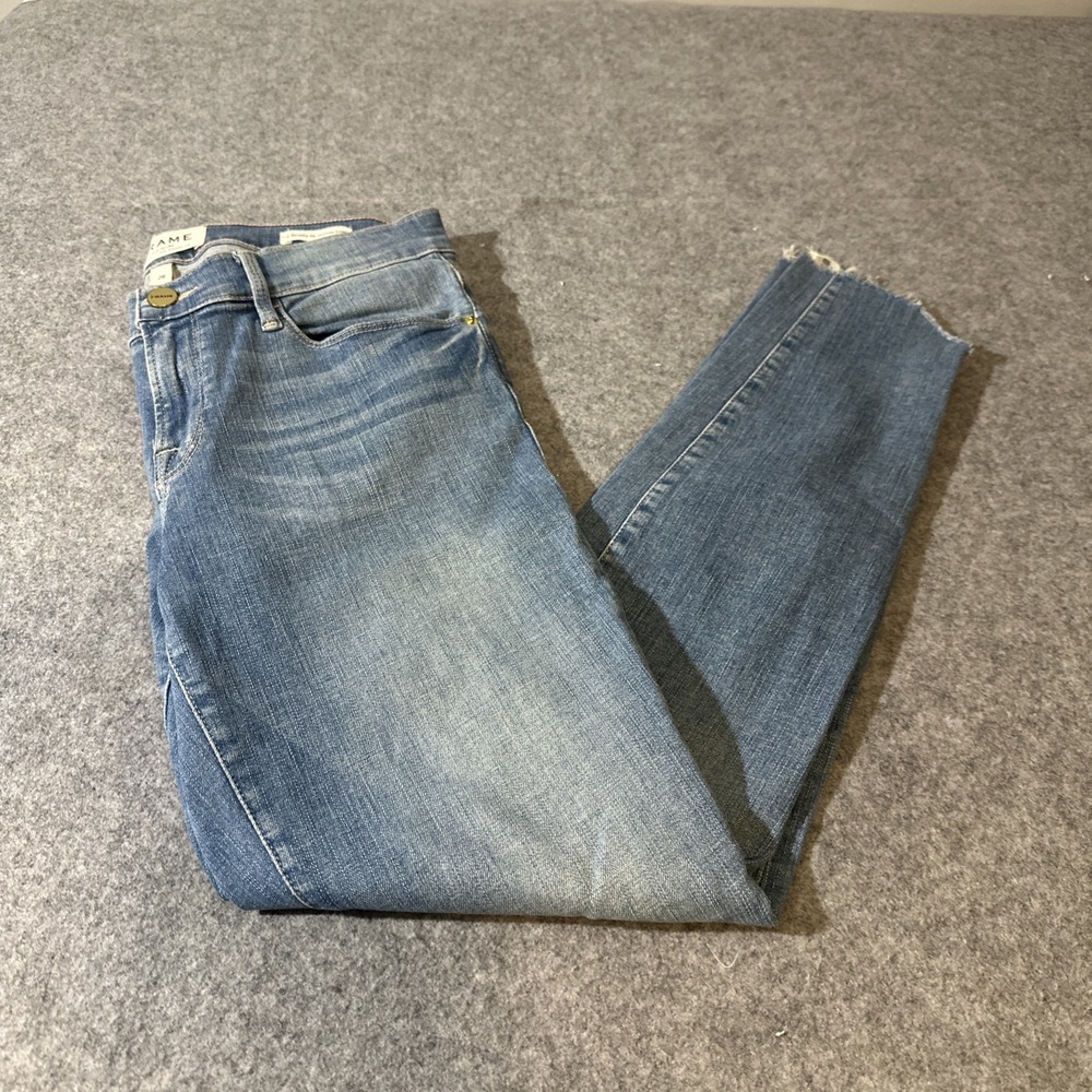 FRAME Women's Le Skinny de Jeanne Crop Jeans Denim‎ Light Wash Rough Hem Size 28